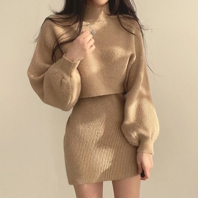 Turtleneck Crop Sweater & Sleeveless Knit Dress Set