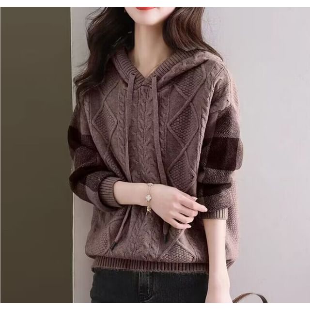 Plaid Hoodie with Cable Knit V-Neck Detail
