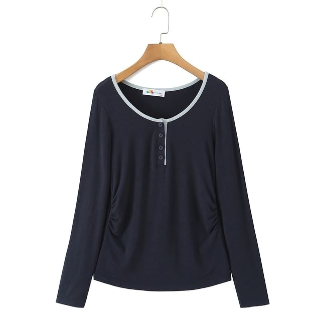 Ruched Two-Tone Henley Long-Sleeve Tee with Contrast Trim