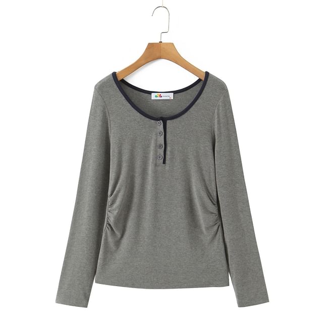 Ruched Two-Tone Henley Long-Sleeve Tee with Contrast Trim