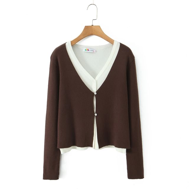 Ribbed Knit V-Neck Top with Mock Layer and Button Details