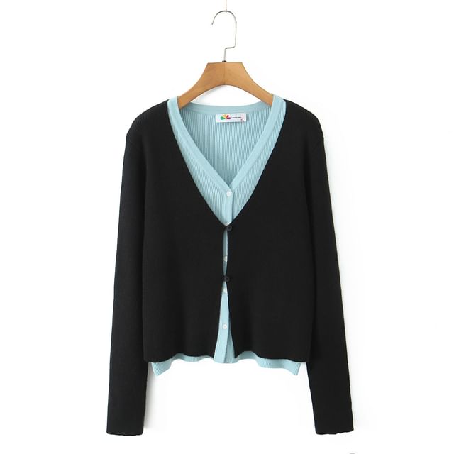 Ribbed Knit V-Neck Top with Mock Layer and Button Details