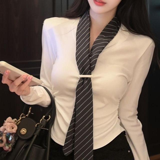 Slim-Fit Crop Tee with Ruched V-Neck and Striped Tie