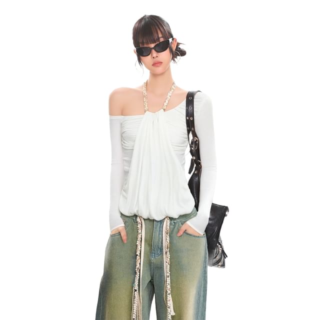 Ruched Off-Shoulder Halter Long-Sleeve Tee