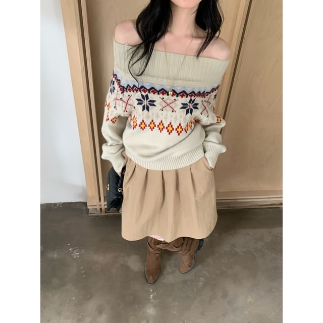 Jacquard Off-Shoulder Sweater