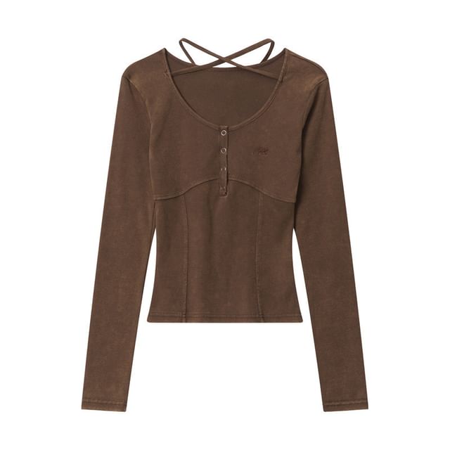 Scoop-Neck Cross-Strap Washed Long-Sleeved Slim-Fit T-Shirt
