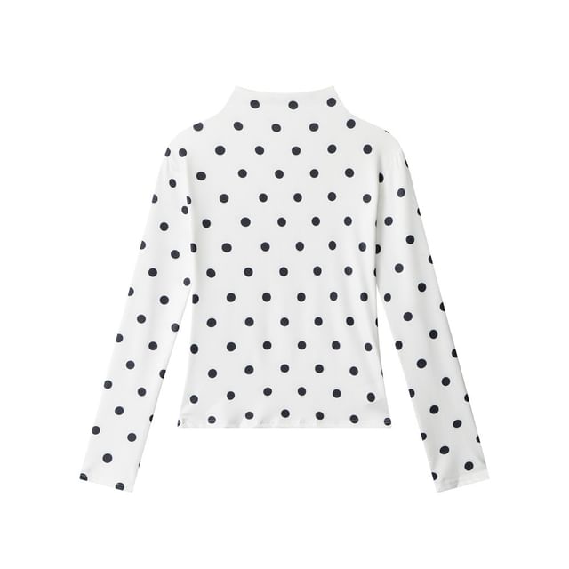 Mock-Neck Polka-Dot Long-Sleeved Slim-Fit T-Shirt