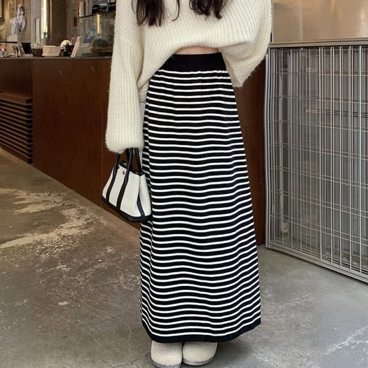 High-Waist Striped Maxi A-Line Skirt