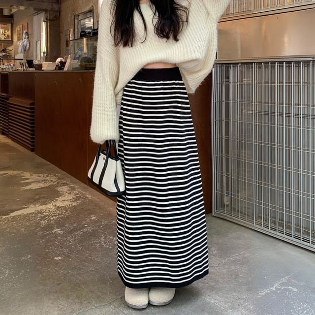 High-Waist Striped Maxi A-Line Skirt