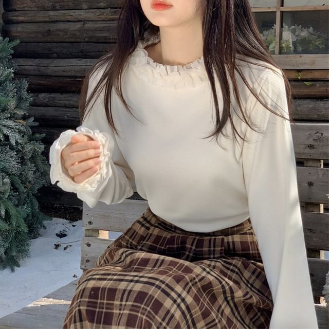 Ruffled Mock Neck Long-Sleeve Tee for Everyday Wear