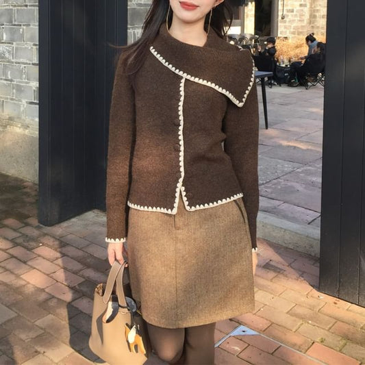 Asymmetrical Contrast Trim Cardigan & Mini Skirt Set