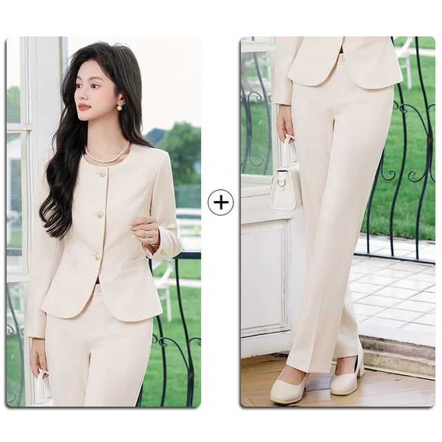 Round Neck Blazer & Midi Pencil Skirt & Slacks Set