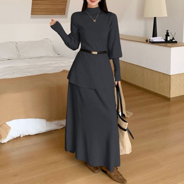 Elegant Crew Neck Knit Top & Flowing A-Line Skirt Ensemble