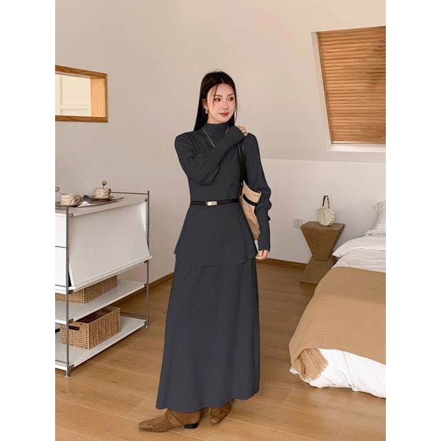 Elegant Crew Neck Knit Top & Flowing A-Line Skirt Ensemble