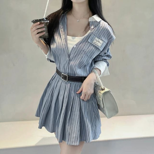 Long Sleeve Striped Button Up Shirt and Mini A-Line Skirt