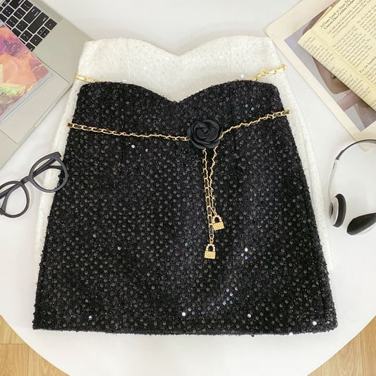 Sequin Mini A-Line Skirt with Chain Belt Set
