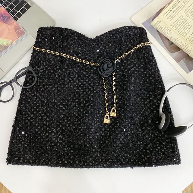 Sequin Mini A-Line Skirt with Chain Belt Set