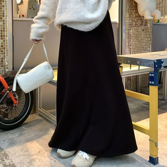 Fleece-Lined High Waist Plain Maxi A-Line Skirt