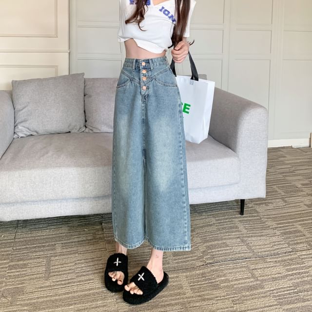 Washed Denim Midi H-Line Skirt with Button Fly and Slit