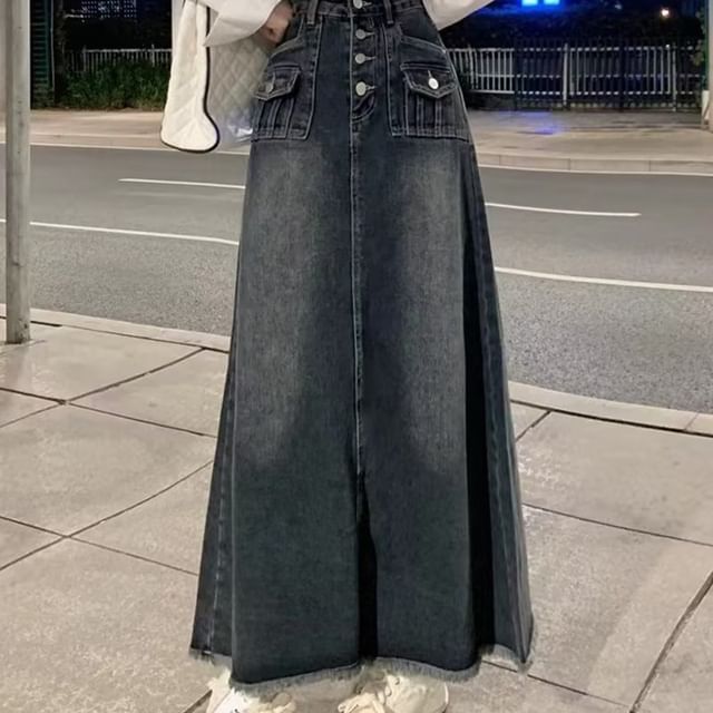 Washed Denim Maxi A-Line Skirt with Button Fly