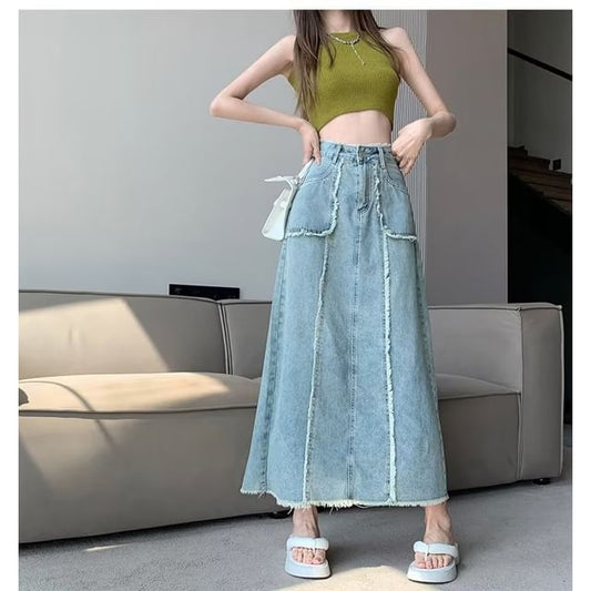 High Rise Washed Frayed Denim Midi A-Line Skirt