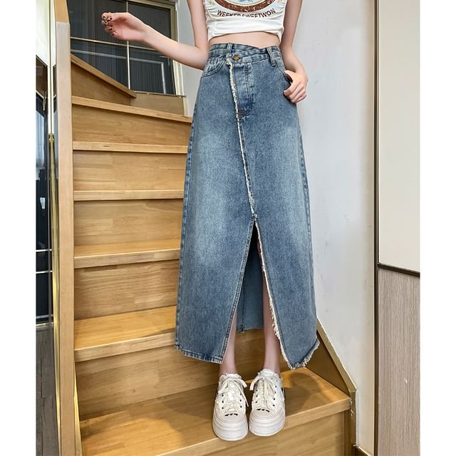 Asymmetrical Washed Denim Midi A-Line Skirt with Slit