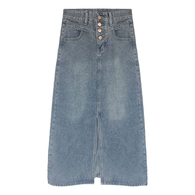Washed Denim Midi H-Line Skirt with Button Fly and Slit