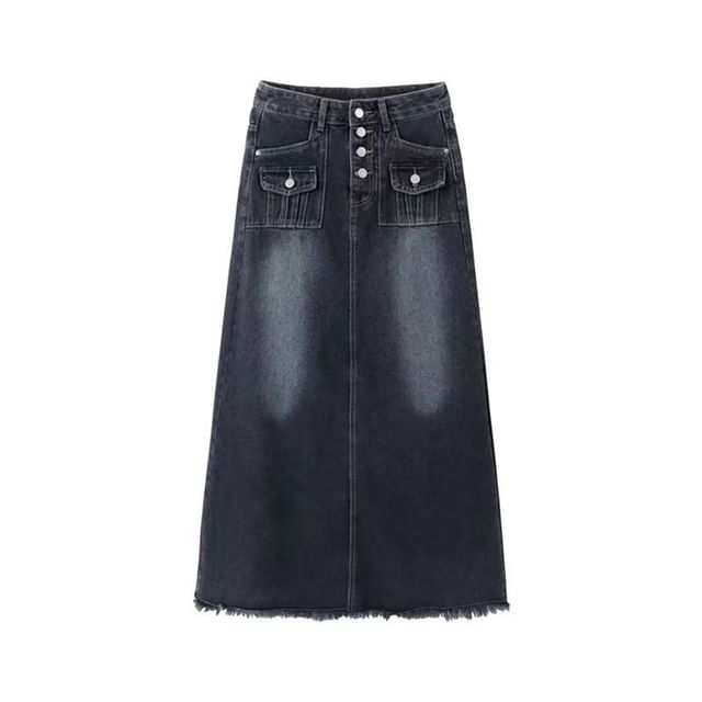 Washed Denim Maxi A-Line Skirt with Button Fly