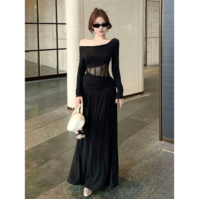 Off Shoulder Lace Panel Top and Maxi A-Line Skirt Set