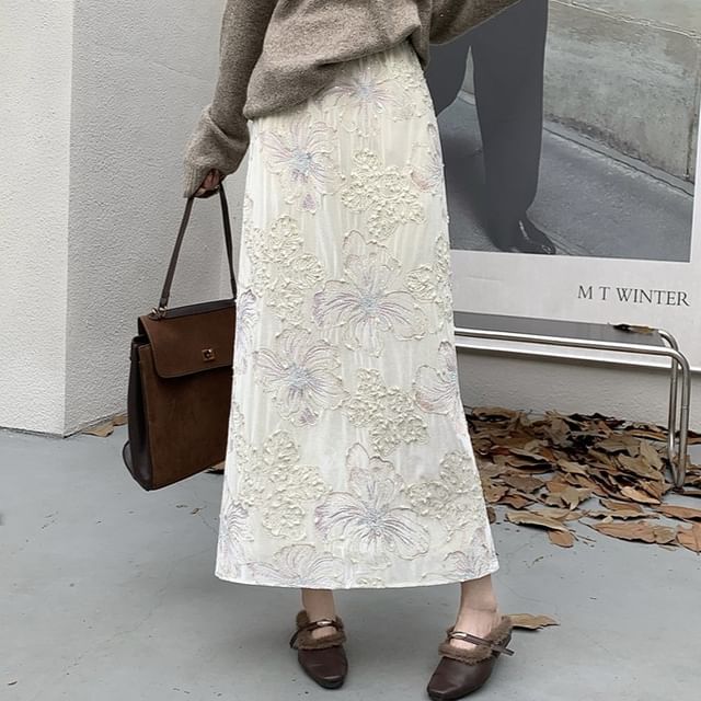 High Rise Lace Velvet Maxi Skirt