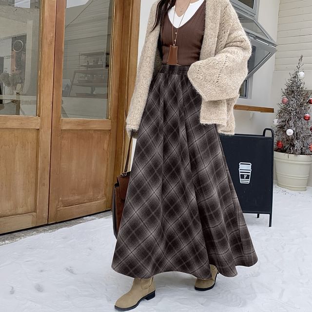 High Rise Plaid A-Line Maxi Skirt