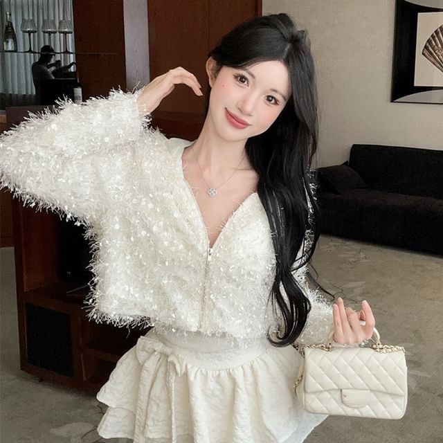 Furry V-Neck Zip Crop Cardigan and Tiered Mini Skirt