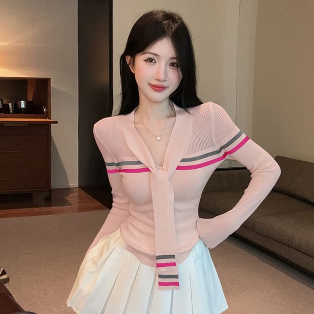 Striped Knit Long Sleeve Top and Pleated Mini Skirt