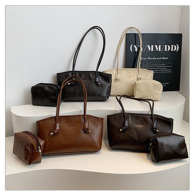 Set: Faux Leather Shoulder Bag + Pouch