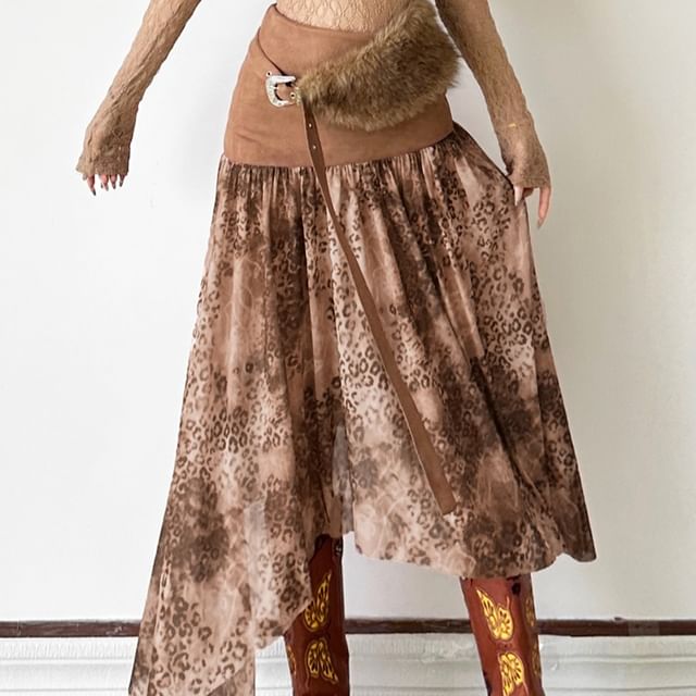 Leopard Print High Rise Asymmetrical Panel Midi A-Line Skirt