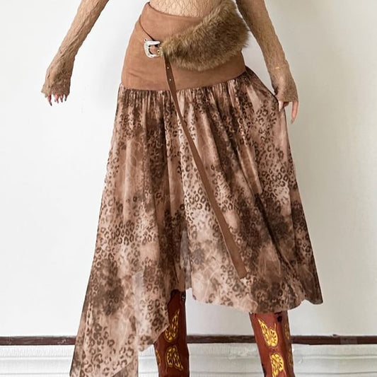 Leopard Print High Rise Asymmetrical Panel Midi A-Line Skirt