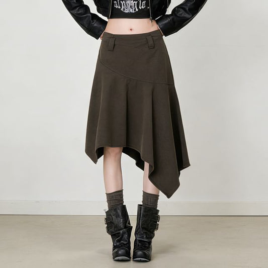Plain Mid Waist Asymmetrical Midi A-Line Skirt