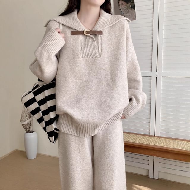 Collared Buckled Sweater with High-Rise Knit Wide-Leg Pants