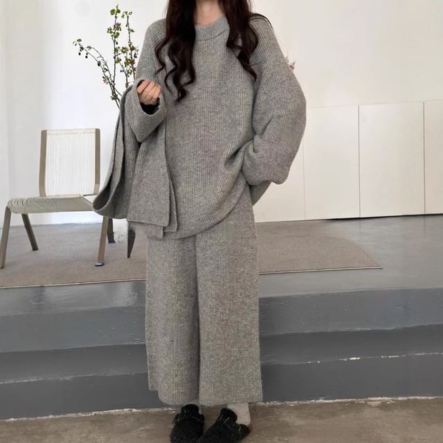 Round Neck Sweater with Cropped Wide-Leg Knit Pants and Scarf