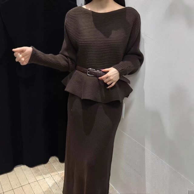 Peplum Ribbed Sweater with High-Rise Knit Pencil Skirt Set