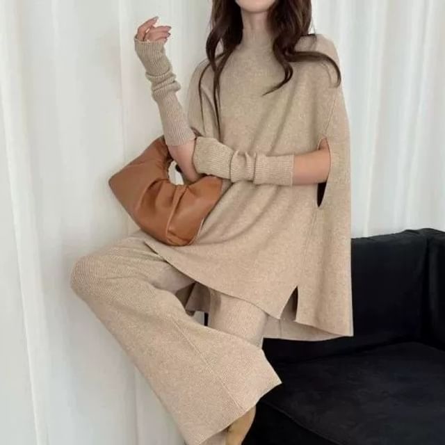 Mock Neck Cape Sweater with Flared Knit Pants and Arm Warmers