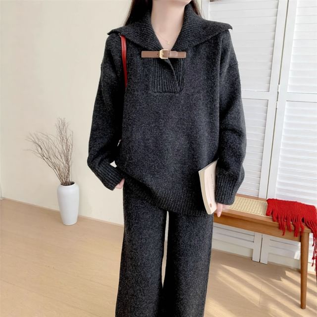 Collared Buckled Sweater with High-Rise Knit Wide-Leg Pants