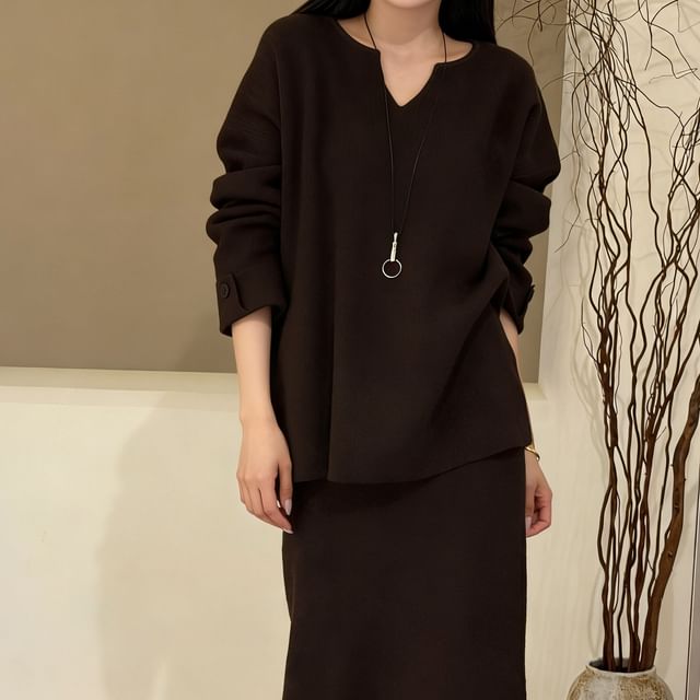 Notch Neck Sweater with High-Rise Knit Pencil Skirt Set