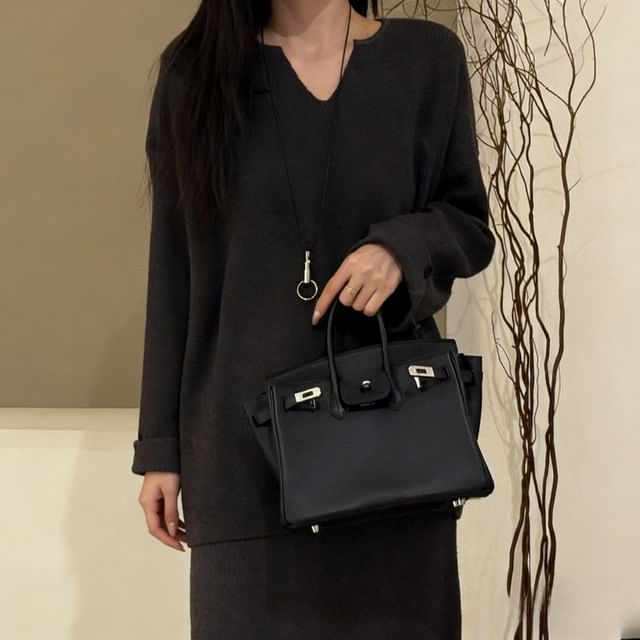 Notch Neck Sweater with High-Rise Knit Pencil Skirt Set