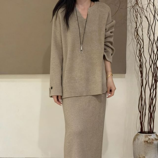 Notch Neck Sweater with High-Rise Knit Pencil Skirt Set
