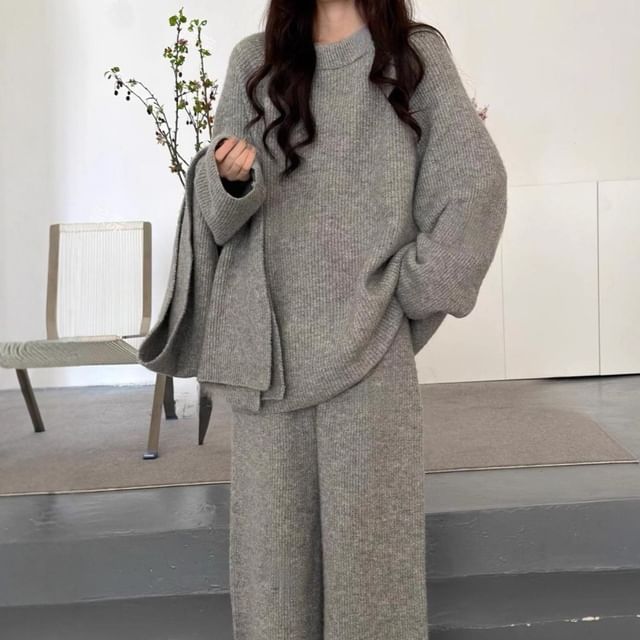 Round Neck Sweater with Cropped Wide-Leg Knit Pants and Scarf