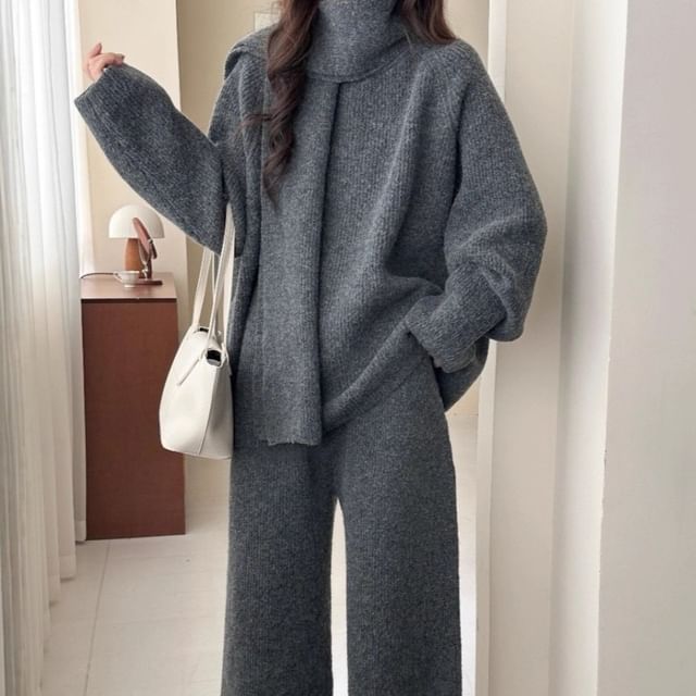 Round Neck Sweater with Cropped Wide-Leg Knit Pants and Scarf