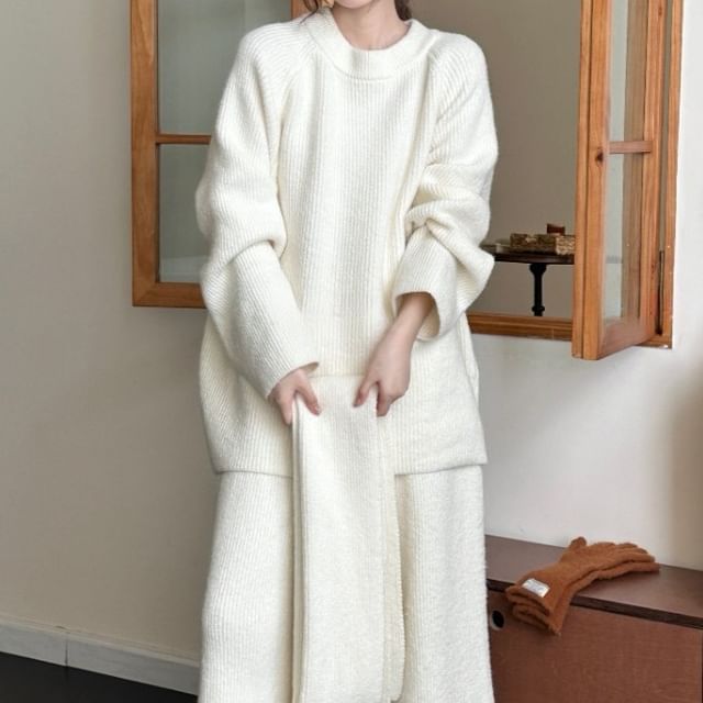 Round Neck Sweater with Cropped Wide-Leg Knit Pants and Scarf