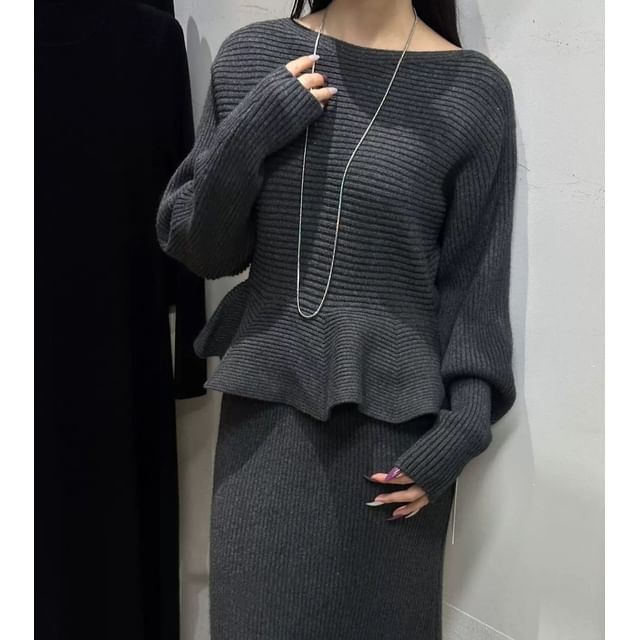 Peplum Ribbed Sweater with High-Rise Knit Pencil Skirt Set