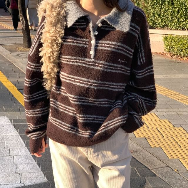 Striped Drop Shoulder Polo Sweater in Oversized Fit